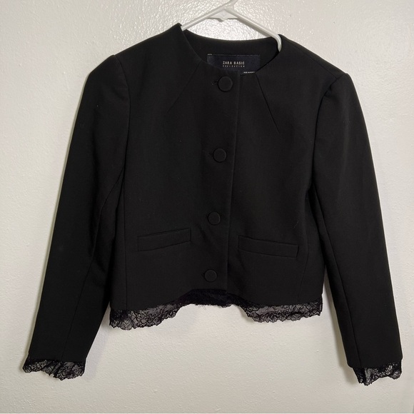 Zara Basic Collection Lace Trim Crop Blazer Black S - Picture 2 of 13